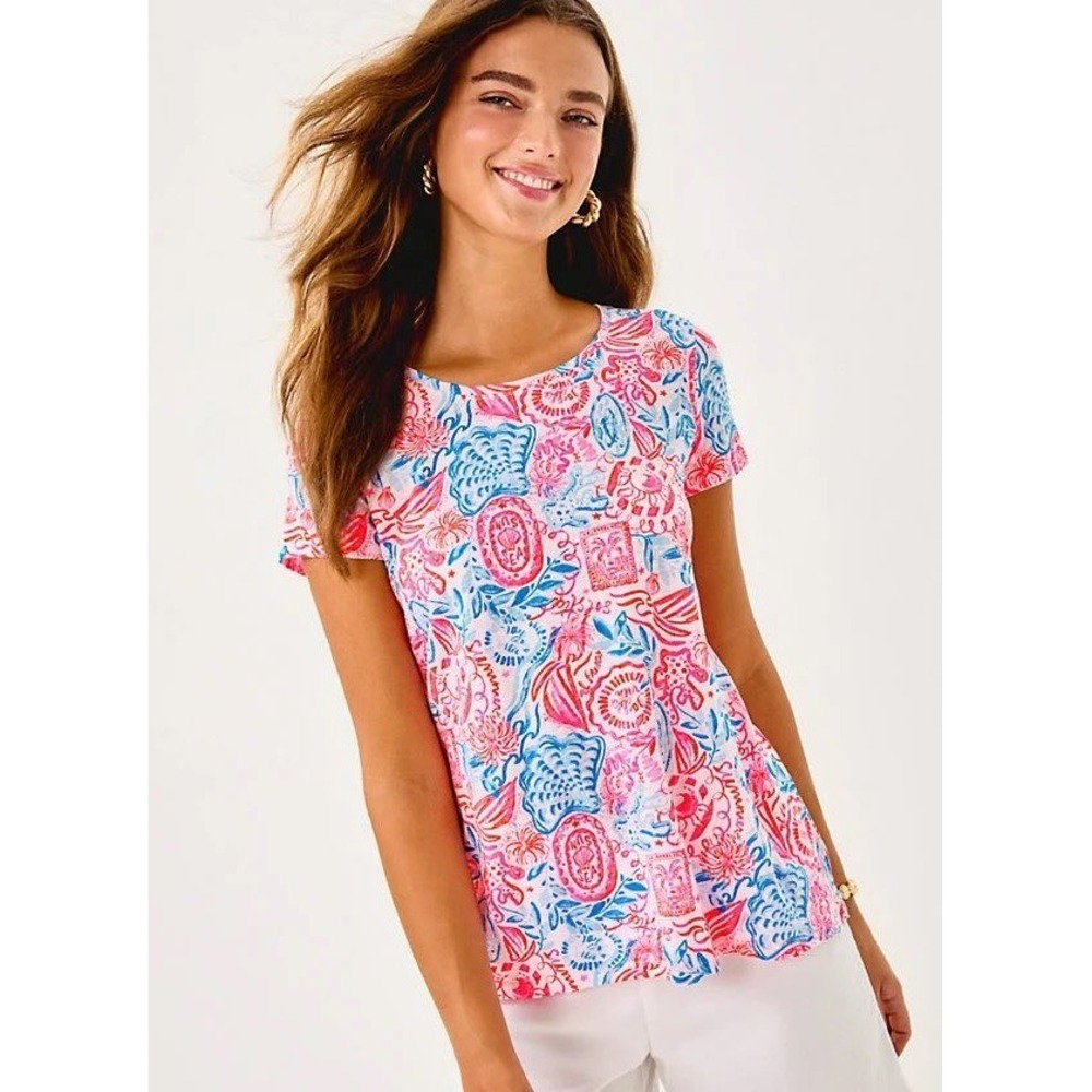Lilly Pulitzer Etta Tee Women Medium White Lil Sun Sea Sand Top Preppy Beach